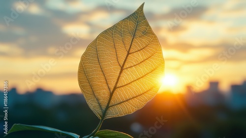 Transparent Leaf in Close-Up Against a Sunset Background with a Beautiful Nature View Highlighting Intricate Details of Nature's Design