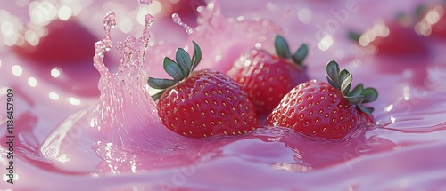 Strawberries splashing in pink liquid; sweet dessert photo