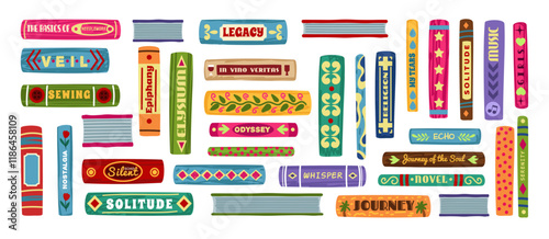 Children's books stack. Textbooks spines. Literature reading. Vintage drawing. Childish shelves. Cover cases. Fairy tales. Fiction novels. Color hardcovers. Library bookcase. Vector tidy elements set