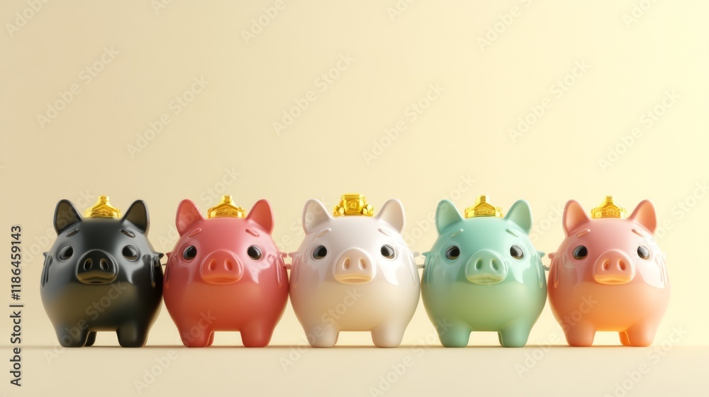Five colorful piggy banks in a row, each with a gold crown on its head, against a beige background. Five colorful piggy banks in a row, each with a gold crown on its head, against a beige background.