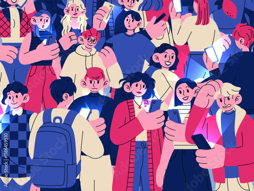 Phone scrolling news. Angry people with smartphones. Mobile device. Men and women reading newsletter. Modern lifestyle. Concept society technology. Many persons on internet. Vector crowd background