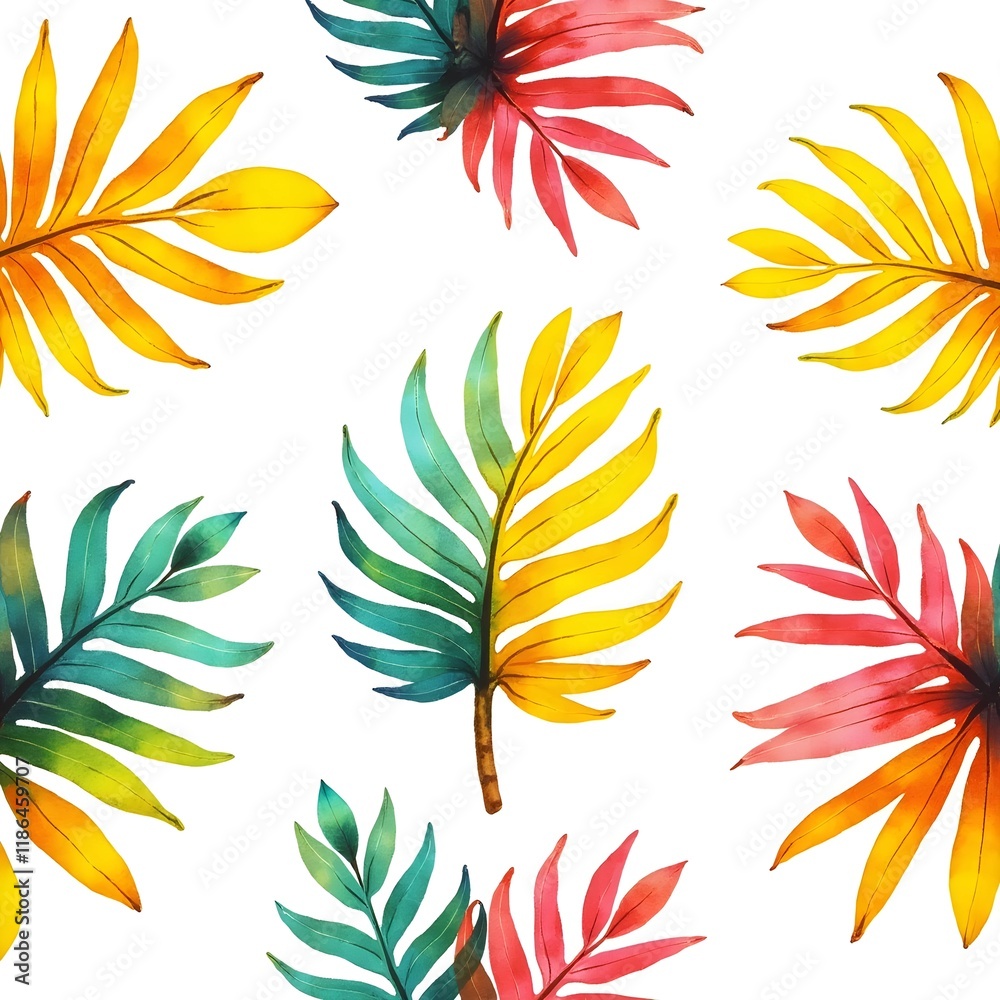 Fototapeta premium Summer tropical leaves seamless pattern water color background isolated on white background