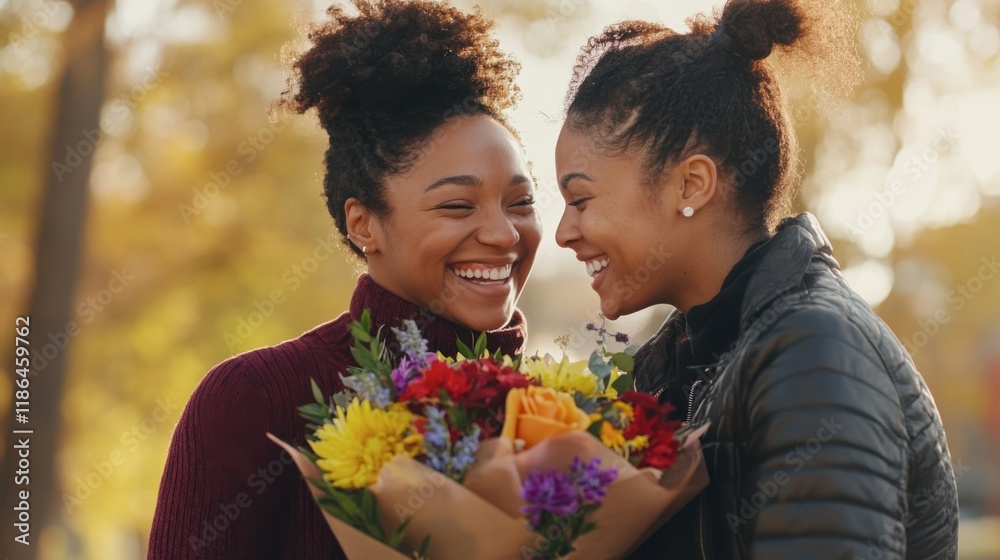 Love in Bloom: Two Black women share a moment of unadulterated joy and affection as they exchange a vibrant bouquet of flowers against a backdrop of warm autumn foliage. Love in Bloom: Two Black women share a moment of unadulterated joy and affection as they exchange a vibrant bouquet of flowers against a backdrop of warm autumn foliage.