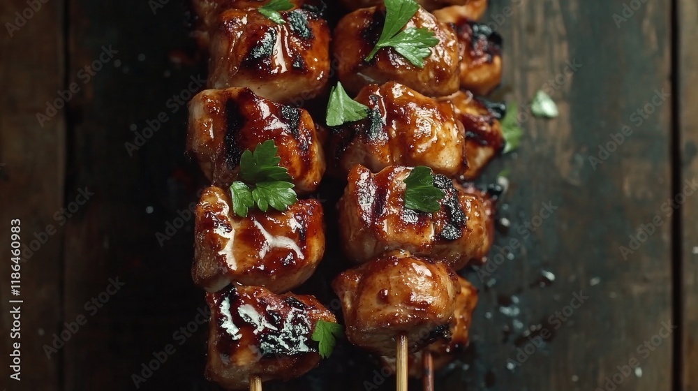 Fototapeta premium Grilled Chicken Skewers Glazed with Sweet Sauce on Rustic Wooden Board.