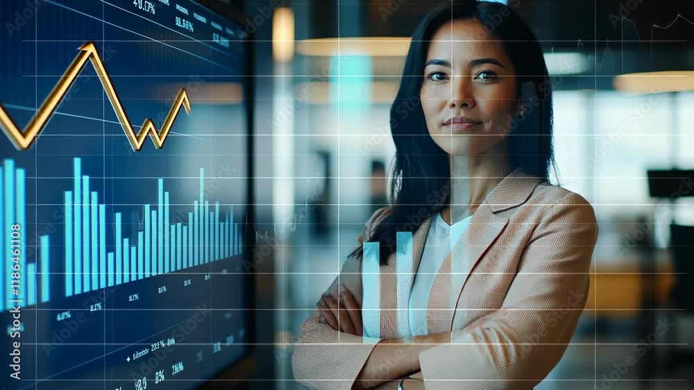 Confident Businesswoman Analyzing Financial Data on a Large Screen Confident Businesswoman Analyzing Financial Data on a Large Screen