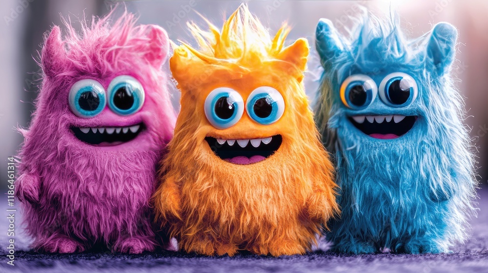 Fototapeta premium Three Cheerful Fluffy Monsters: A Whimsical Cartoon Illustration