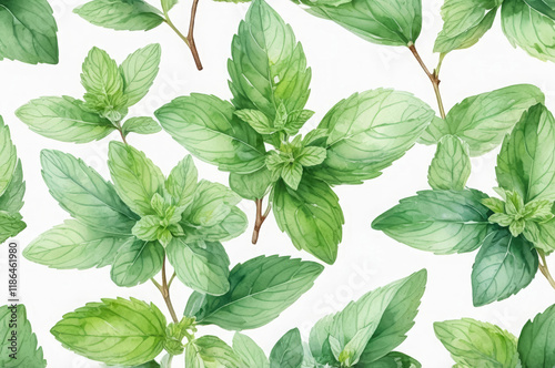Watercolor pattern of green mint leaves on a white background