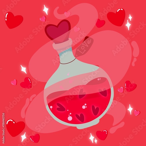 The magic love potion with hearts on pink background