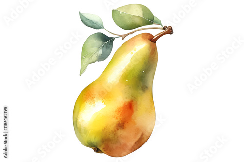 Watercolor illustration of a ripe pear on a branch with leaves on a white background