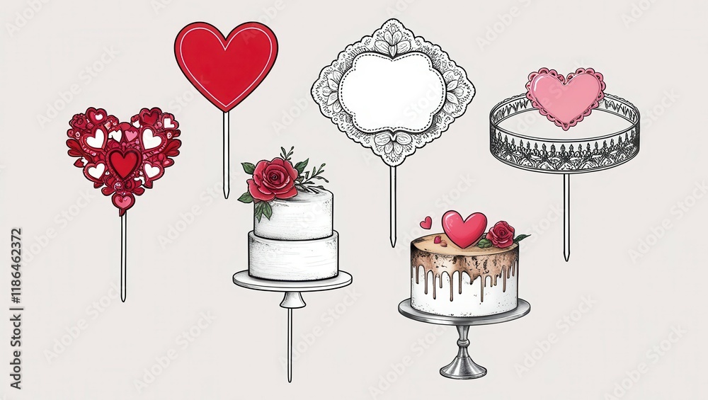 Romantic Valentine s Day Cake Toppers Hearts Lace Rose Decorations