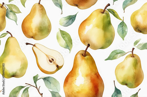 Watercolor pattern with ripe pears on a white background photo