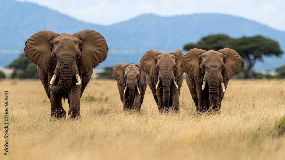 Fototapeta premium Groupe d'éléphants d'Afrique marchant dans la savane, montagnes en arrière-plan
