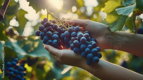 Harvest Sunset: Hands gently cradling a cluster of ripe, dark-purple grapes, bathed in the warm golden light of the setting sun within a lush vineyard.