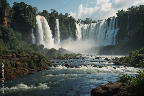 Powerful Rushing Waterfalls Cascading Over Rocky Boulders, Evoking a Sense of Majesty and Natural Beauty