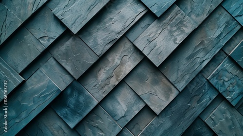 A close-up of textured slate tiles in varying shades of blue and gray arranged diagonally, creating a modern and elegant backdrop.