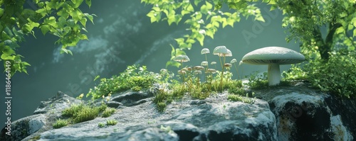 mushrooms, nature, rocks, green, background, ecosystem, plants, microhabitat, growth, white, organic, botanical, smooth, texture, vivid, fresh, foliage, vibrant, landscape, beautiful