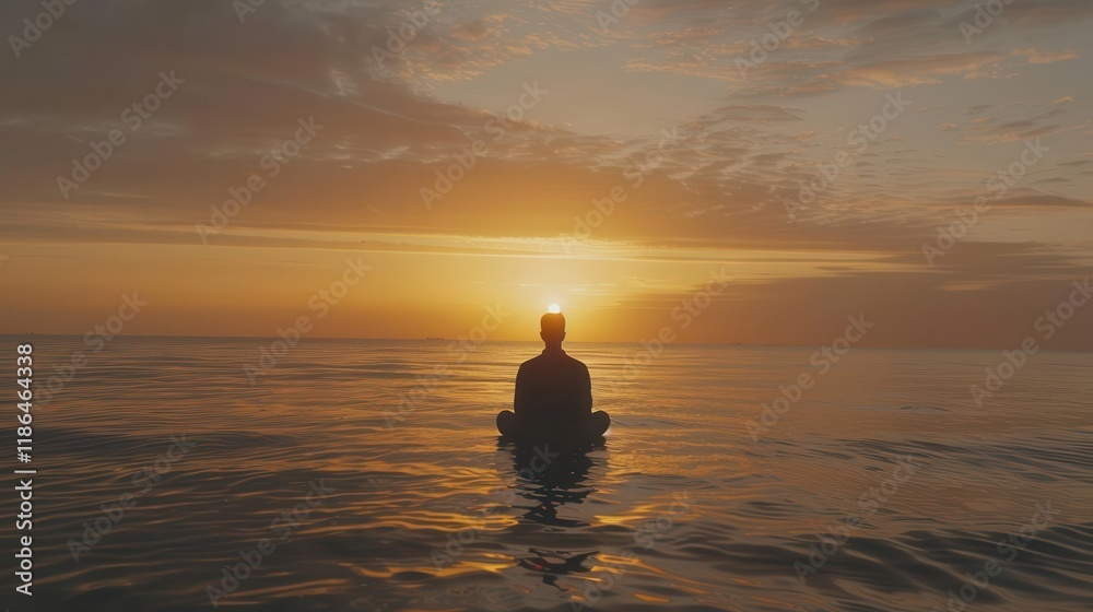 A serene silhouette meditating at sunset over calm waters, evoking peace and reflection. A serene silhouette meditating at sunset over calm waters, evoking peace and reflection.