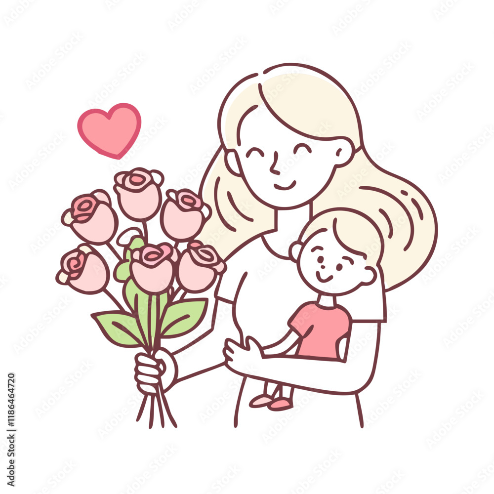 mom with bouquet of roses vector icon, mother’s day vector illustration - simple illustration of mom with bouquet of roses perfect for logos, and mother’s day -themed designs. mom with bouquet of roses vector icon, mother’s day vector illustration - simple illustration of mom with bouquet of roses perfect for logos, and mother’s day -themed designs.