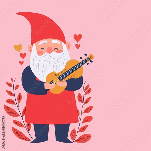 Charming Garden Gnome Musician Playing Violin Valentine s Day Illustration Cute Cartoon Character photo