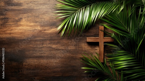 Palm sunday background. Cross and palm on wooden background. 