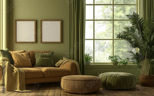 Green room interior design, sunlight, sofa, plants. Home decor inspiration photo