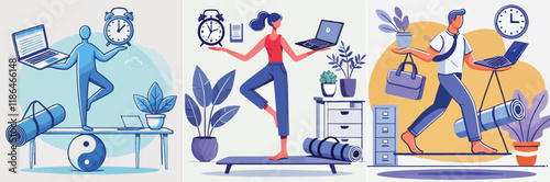One balances a laptop on one side and a yoga mat on the other, symbolizing work-life balance. with flat and minimalist design stayle