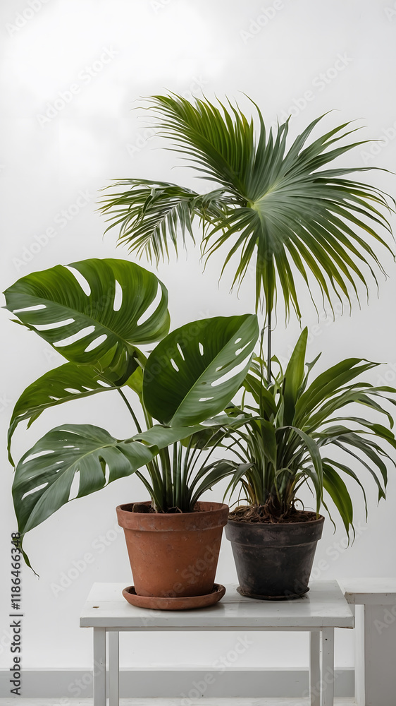 Fototapeta premium ush green tropical plants against a plain white background, are ideal for tropical-themed designs, nature posters, or botanical-themed graphics. Tropical foliage on a white backdrop