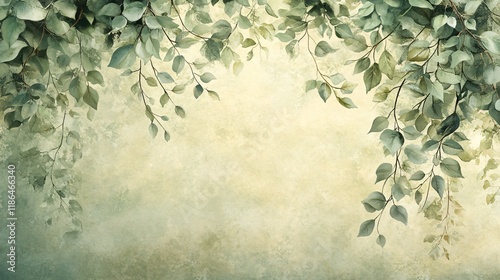 Serene Green Leaves on Beige Texture Background photo