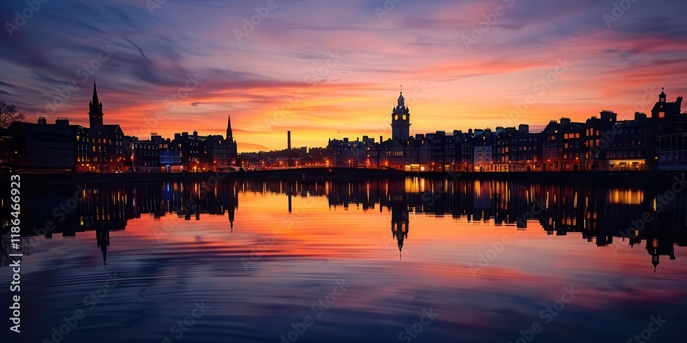 Obraz premium A serene sunset over a city skyline reflected in water, showcasing vibrant colors and architectural details.