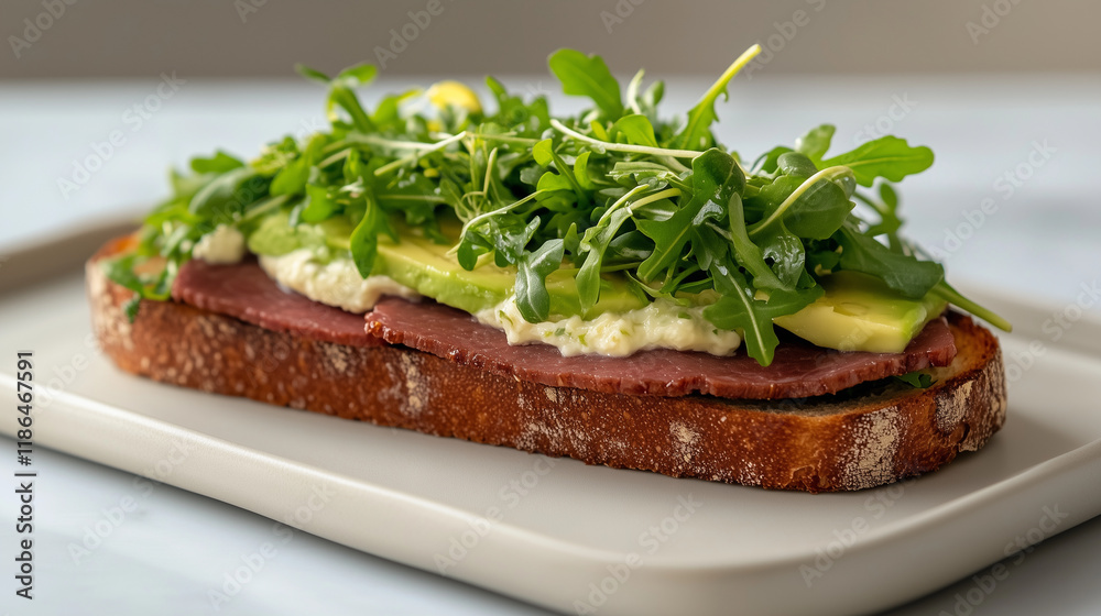 Open-faced sandwich on toasted sourdough, featuring a vibrant mix of arugula, microgreens, and thinly sliced avocado, drizzled with lemon dressing. Open-faced sandwich on toasted sourdough, featuring a vibrant mix of arugula, microgreens, and thinly sliced avocado, drizzled with lemon dressing.