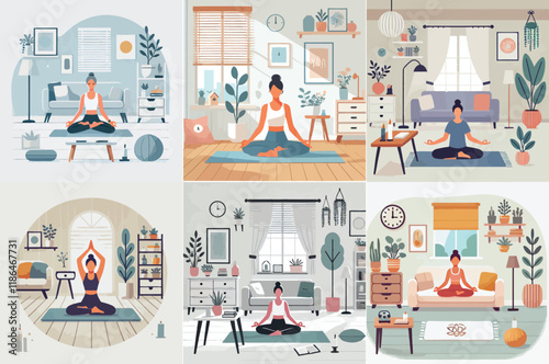 A person does yoga at home, sitting on a mat in a relaxed pose, surrounded by minimal decorations. with flat and minimalist design stayle