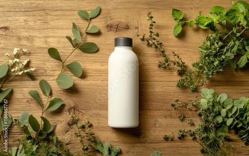 Brand product promo for an eco-friendly metal water bottle, placed on a wooden surface with plants around it, highlighting its sustainable design.  photo