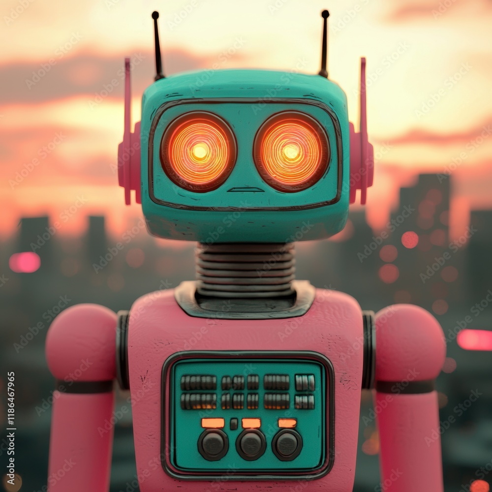 Fototapeta premium Retro Robot Overlooking a Futuristic Cityscape at Dusk