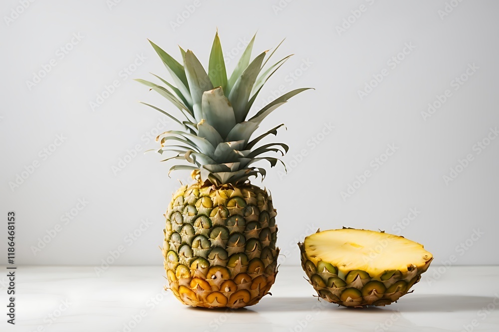 Whole pineapple and half pineapple on white surface with plain background Whole pineapple and half pineapple on white surface with plain background