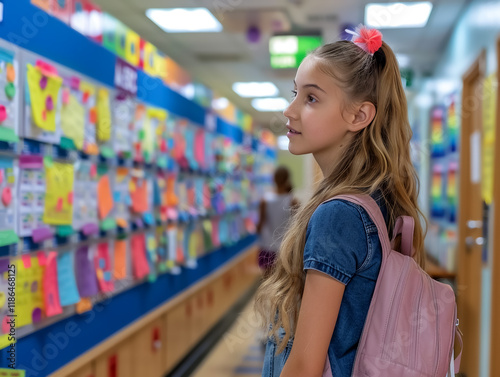 girl with long hair and backpack admires colorful bulletin boards in school hallway