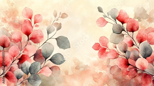 Watercolor Eucalyptus Leaves, Red & Gray Botanical Art