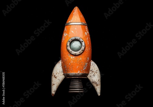 Vintage Orange Rocket Ship with Worn Finish on Isolated Background