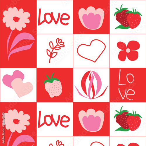 Valentine's Day vector pattern of inscriptions of hearts and flowers.