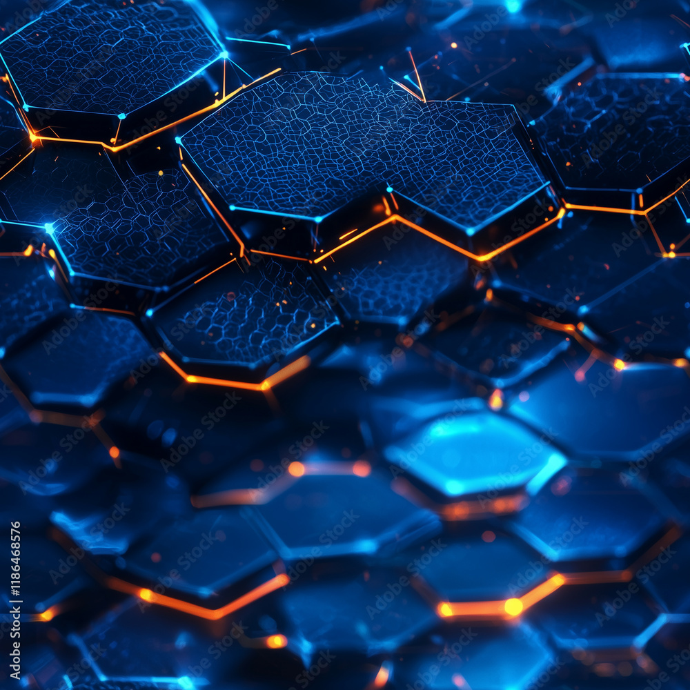 Obraz premium Seamless pattern of glowing hexagonal grids with futuristic design, perfect for tech-inspired wallpapers and modern backgrounds.