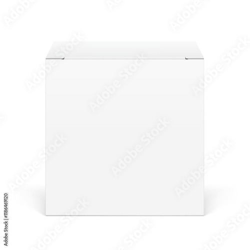 Realistic white closed paperboard box mockup. Front view. Vector illustration isolated on white background. Taking your 2D designs into 3D. Can be use for medicine, food, cosmetic. EPS10.