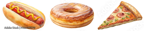 Colorful food illustrations, delicious hot dog, sweet donut, savory pizza slice, watercolor style, appetizing design.
