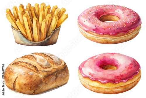 Colorful food illustrations, watercolor style, delicious donuts, crispy fries, fresh bread, vibrant desserts.