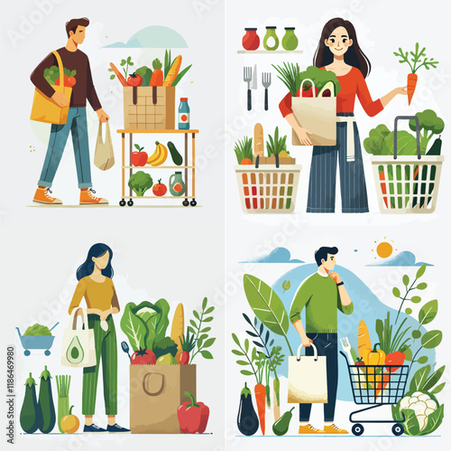 a person grocery shopping, holding a reusable bag, produce, all on a white background