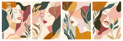 abstract shapes illustrating a portrait of a beautiful women, stylized woman portrait with floral and beauty symbols, minimalist illustration of feminine beauty