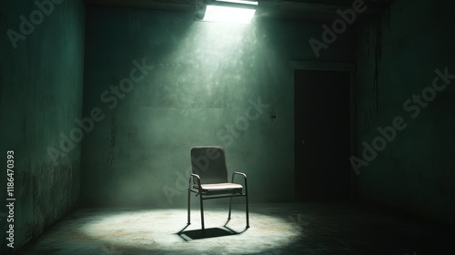 Solitary Confinement: A single chair sits in a dimly lit, abandoned room, casting a long shadow, evoking feelings of isolation and mystery.