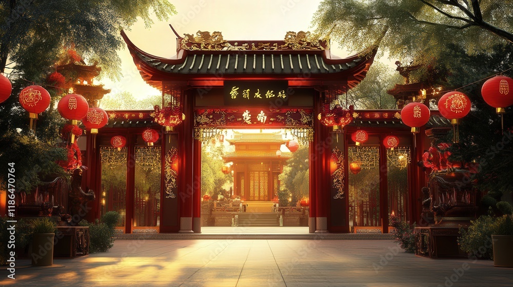 A beautifully designed Chinese temple gate adorned with red and gold lanterns, banners, A beautifully designed Chinese temple gate adorned with red and gold lanterns, banners,