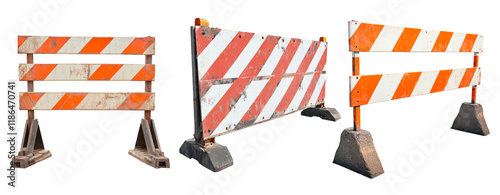 Striped road construction barrier isolated on transparent background, PNG photo