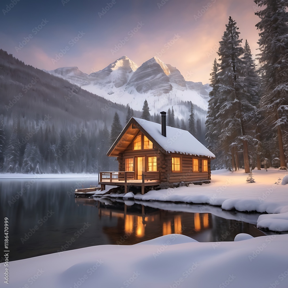 Fototapeta premium A depicting lake surrounded by evergreen forest and trees blue sky