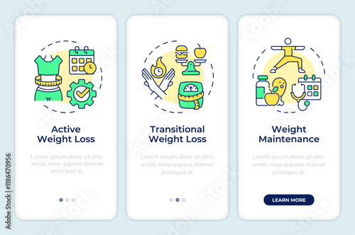 Weight loss programs onboarding mobile app screen. Walkthrough 3 steps editable graphic instructions with linear concepts. UI, UX, GUI template. Montserrat SemiBold, Regular fonts used