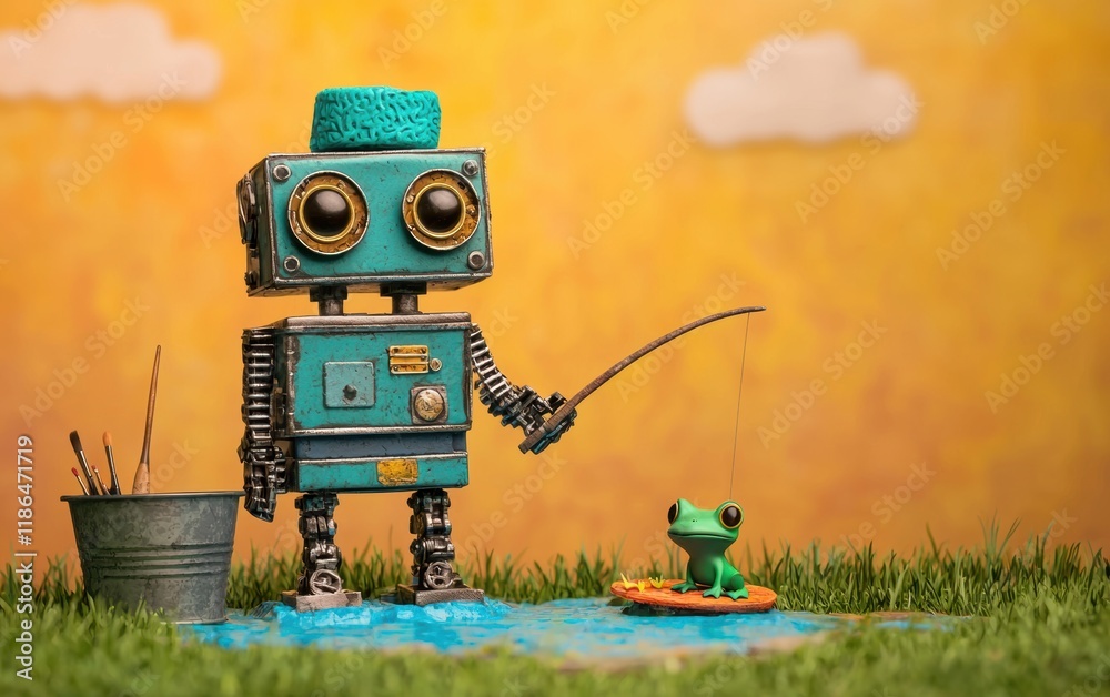 Obraz premium Playful Robot Fishing with Green Frog on Colorful Background